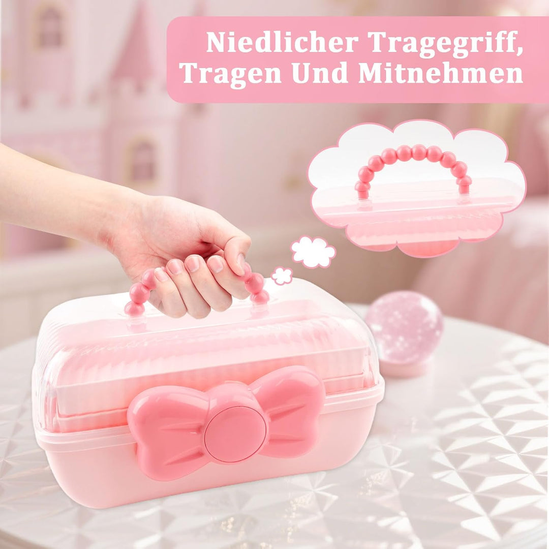 3 Etagen Schmuckbox Kinder, Haarschmuck Aufbewahrung rosa mit transparentem Deckel, 180 Grad Öffnung