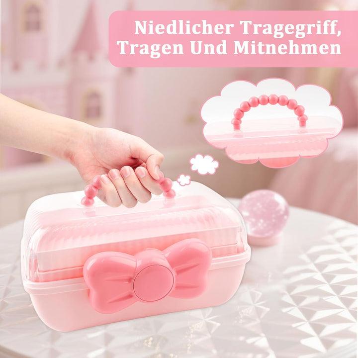 3 Etagen Schmuckbox Kinder, Haarschmuck Aufbewahrung rosa mit transparentem Deckel, 180 Grad Öffnung