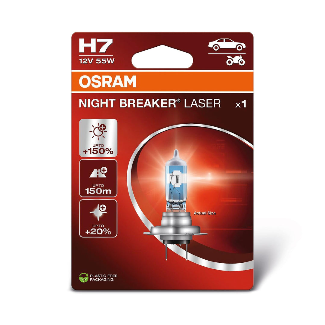 Osram NIGHT BREAKER LASER H7, +150% mehr Helligkeit, Halogen-Scheinwerferlampe, 64210NL-1BL, 12V PKW