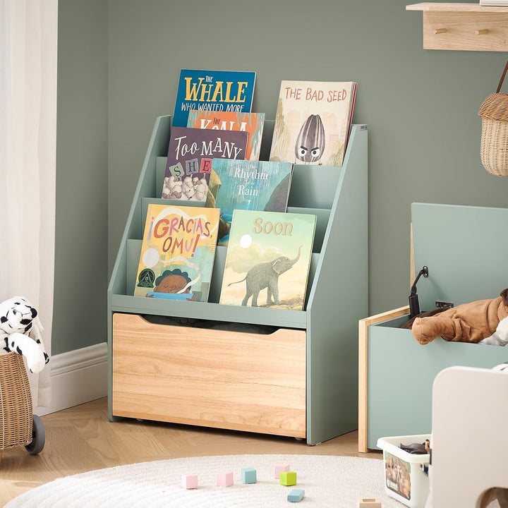 SoBuy Kinder Bücherregal Kinderregal mit 4 Ablagefächern und Einer herausnehmbaren Spielzeugtruhe Au