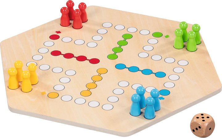 goki 56298 – Ludo für bis zu 6 Spieler aus Holz – Gesellschaftsspiel im XL-Format, Durchmesser ca. 3