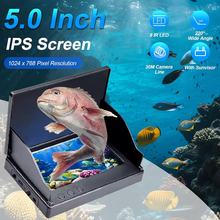 Unterwasserkamera Angeln,Kamera zum Angeln mit 30m Kabel,5" IPS-Display,IP68 Wasserdicht,220° HD Wei