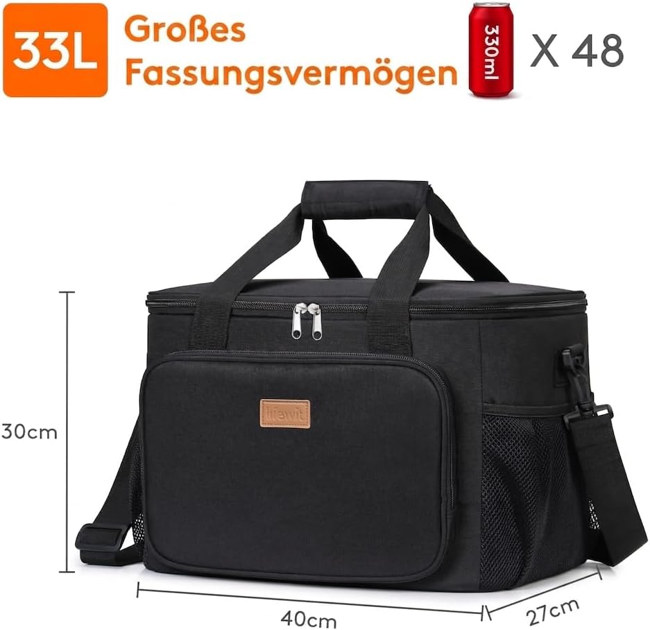 Lifewit Kühltasche klein, Isolierte Cooler Bag, Lunchtasche 32L 48 Dosen Schwarz 32L, Schwarz 32L