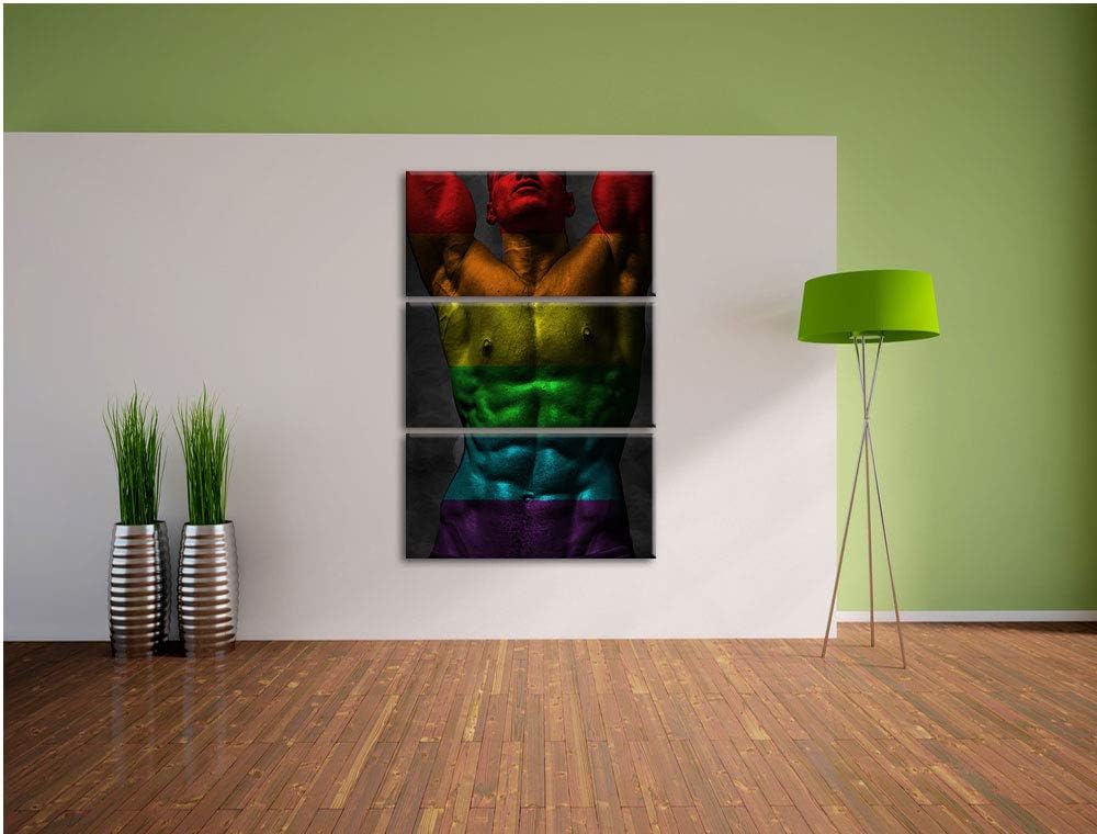 Pixxprint Sixpack Body Mann Regenbogen 3-Teiler Leinwandbild 120x80 Bild auf Leinwand