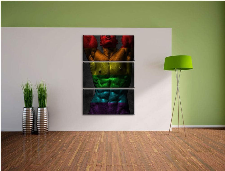 Pixxprint Sixpack Body Mann Regenbogen 3-Teiler Leinwandbild 120x80 Bild auf Leinwand