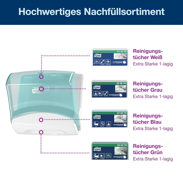 Tork Einzeltuchspender Weiss und Türkis W4, Wandmontage, Performance Linie, 654000, Spender