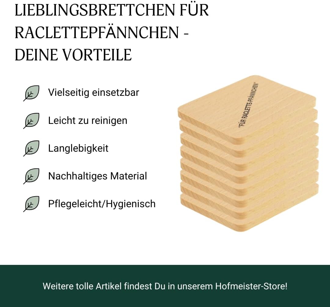 8X HOFMEISTER® Raclette Untersetzer Holz - für Pfännchen aus Holz, mit Aufdruck, schont Raclette-Pfä