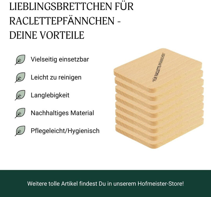 8X HOFMEISTER® Raclette Untersetzer Holz - für Pfännchen aus Holz, mit Aufdruck, schont Raclette-Pfä