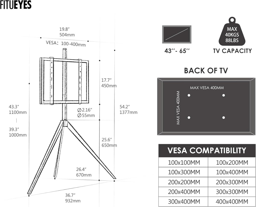FITUEYES Design TV Ständer im Staffelei Design TV Standfuss für 43-65 Zoll Fernseher bis 40 KG TV St