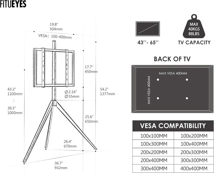 FITUEYES Design TV Ständer im Staffelei Design TV Standfuss für 43-65 Zoll Fernseher bis 40 KG TV St