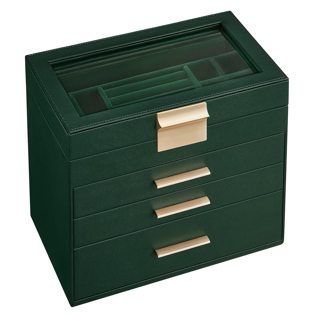 SONGMICS Schmuckkästchen, Schmuckkasten mit 4 Ebenen, Schmuckbox mit Glasdeckel, 3 Schubladen, für S