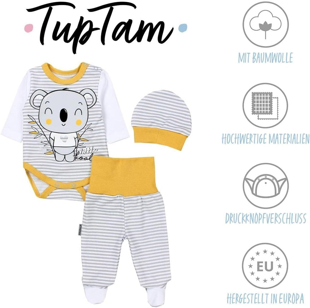 TupTam Baby Mädchen Jungen Bekleidungsset Langarmbody Hose Mütze mit Aufdruck Spruch 3 teilig 68 Gra