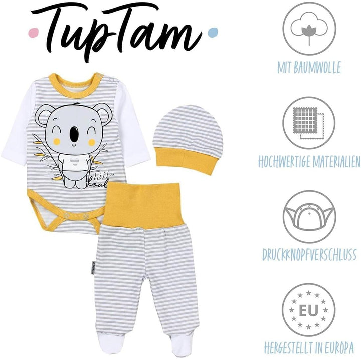 TupTam Baby Mädchen Jungen Bekleidungsset Langarmbody Hose Mütze mit Aufdruck Spruch 3 teilig 68 Gra