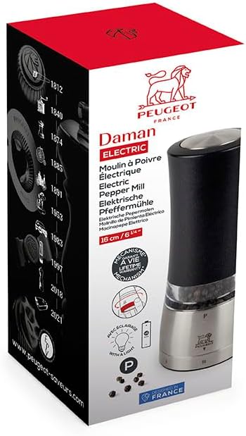 PEUGEOT - elektrische u‘Select-Pfeffermühle Daman 16 cm + Pfefferkörner - 6 voreingestellte Mahlgrad