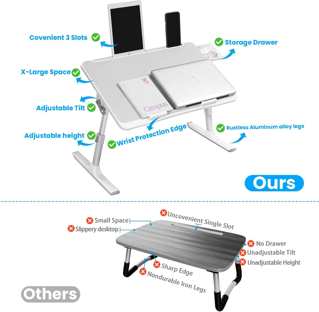 Laptop-Schreibtisch für Bett mit Klappbeinen, Tablet-Slot, Aufbewahrungsschublade und Silikon-Handge