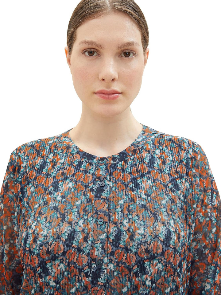 TOM TAILOR Damen 1039920 Mesh-Langarmshirt Bluse mit Muster (1er Pack) 48 32370 - Navy Small Tie Dye