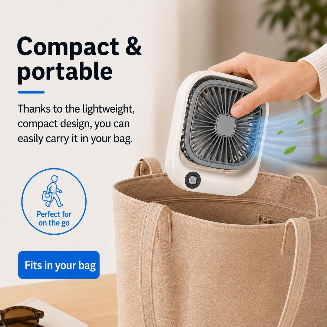 Silvergear® Tragbarer Tischventilator | USB-C Aufladung | 3 Geschwindigkeiten | 600 mAh Akku | Für B