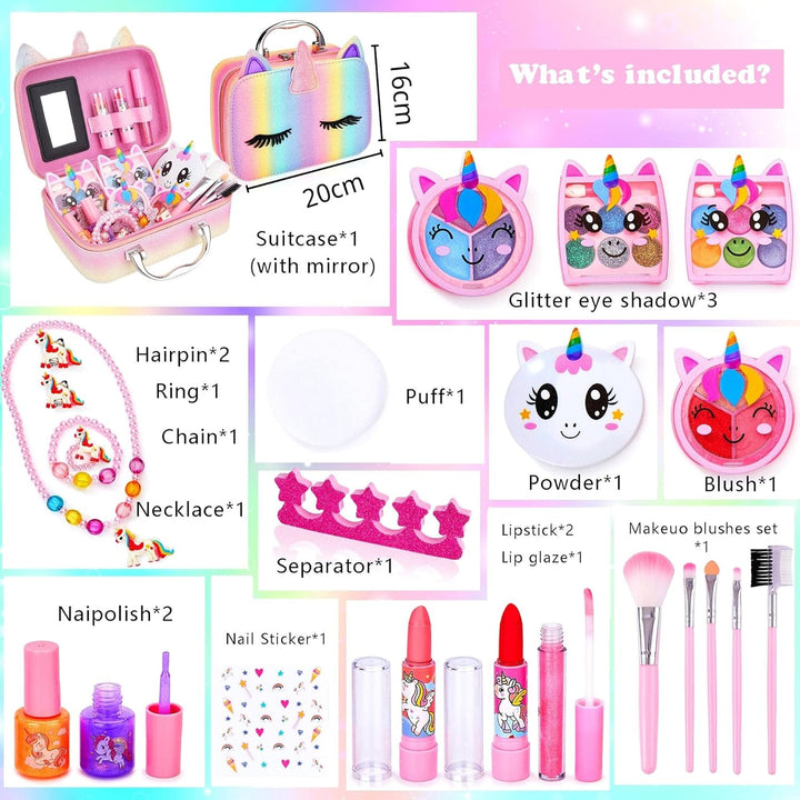 Kinderschminke Set Mädchen, Waschbares, sicheres Make-up-Set für Kinder Mit Einhorn Kosmetiktasche,N