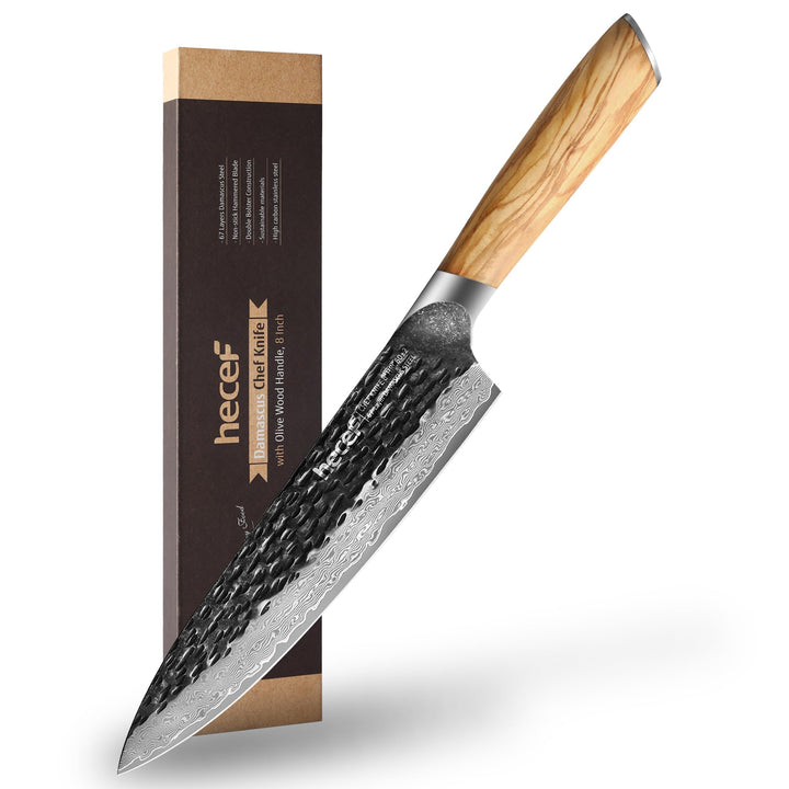 hecef Damastmesser Kochmesser 20CM, Profi Küchenmesser Chefmesser, Ultrascharfer Japanisches Messer,