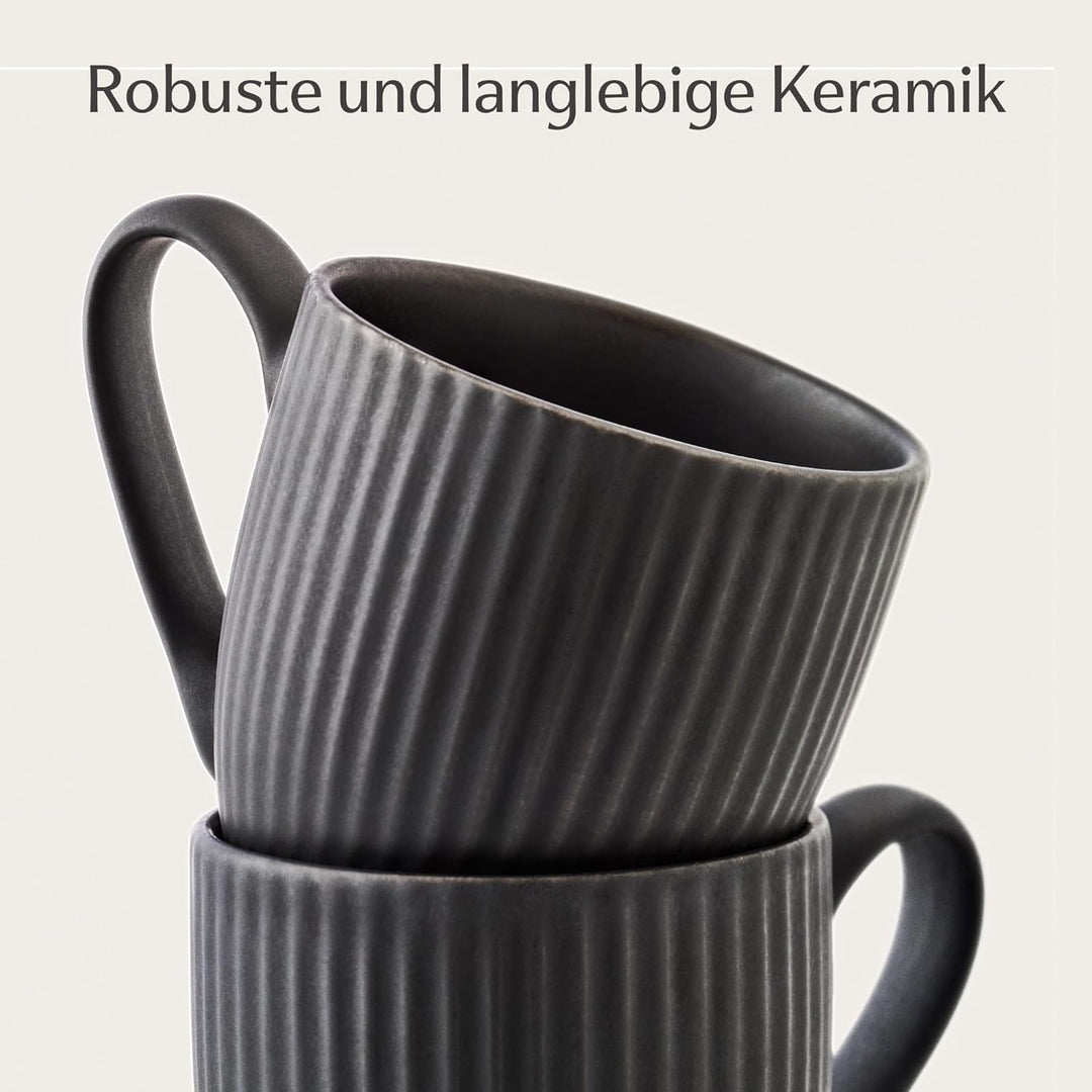 Cosumy Espressotassen Schwarz Matt mit Untertassen 6er Set - 90ml - Streifenmuster Keramik - Spülmas
