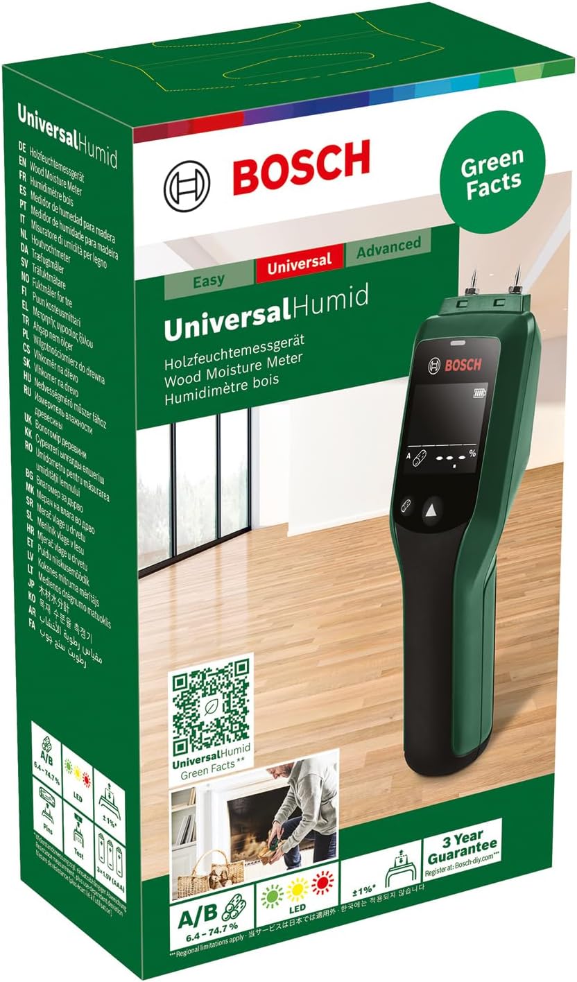 Bosch Holzfeuchtigkeitsmessgerät UniversalHumid (präzise Ergebnisse dank Holzgruppenauswahl und LED-