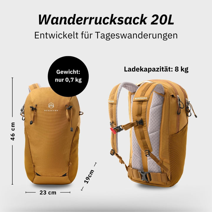 NORDKAMM® Profi Wanderrucksack 20L, klein - nur 680 g, Rucksack 20l aus Robic® Performance Nylon, Da