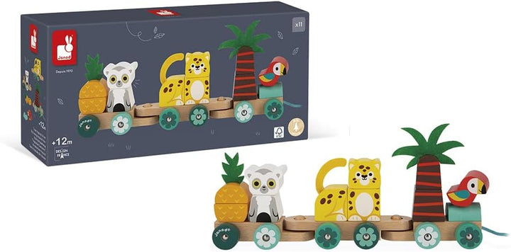 Janod - Tropischer Nachziehzug Tropik - Nachziehspielzeug aus Holz - 11 Teile + 3 Waggons - Lernspie