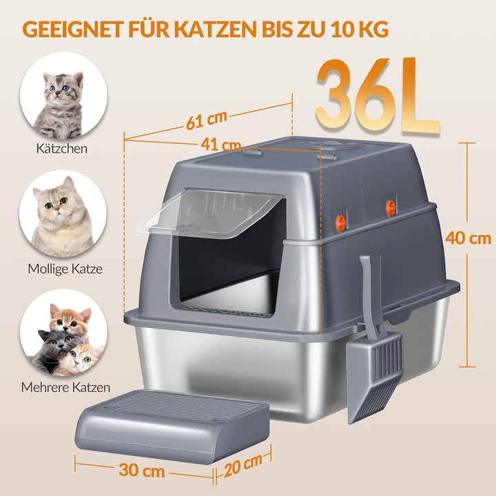 Edelstahl-Katzenklo mit Deckel, Geschlossene Katzentoilette, 180°Klappdeckel, Inklusive Pedal und Sc