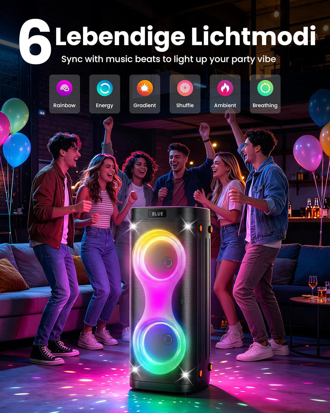 Ankuka Bluetooth Lautsprecher grosse, Partybox mit BT 5.3, 6 Lichtmodi, Mikrofonanschluss, TWS, AUX-