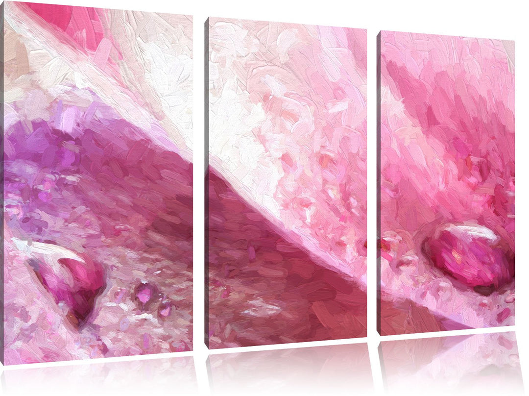 Pixxprint Rosane Tulpenblätter mit Wassertropfen Kunst Pinsel Effekt 3-Teiler Leinwandbild 120x80 Bi