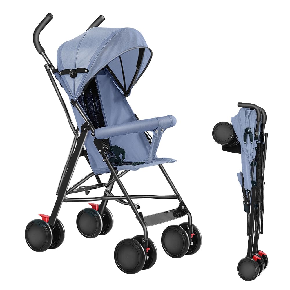 Kinderbuggy, Kinderwagen Zusammenklappbar, Reise-Kinderwagen mit Wattepads und Moskitonetzen (Blau),