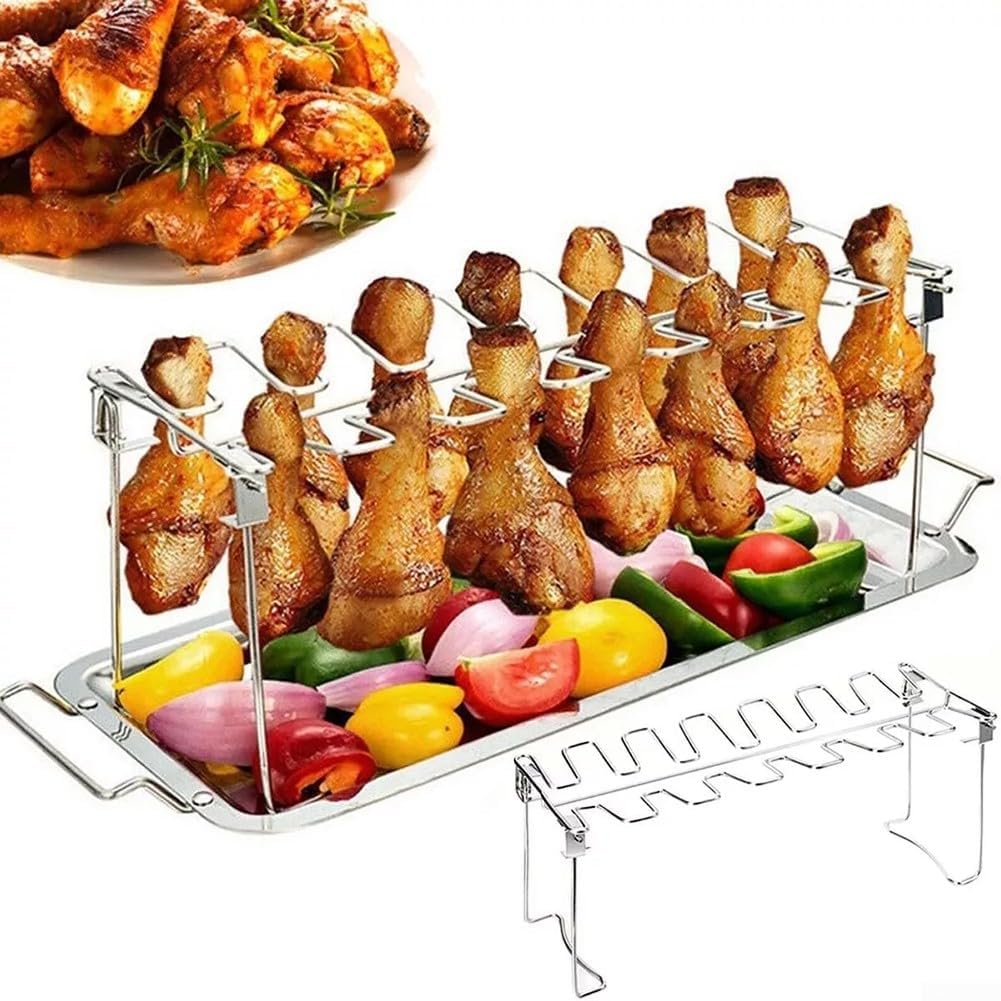 Edelstahl-Huhnflügelhalter, 14 Fächer, faltbarer Hühnerflügel-Halter, Drumstick-Rack, Grillständer,