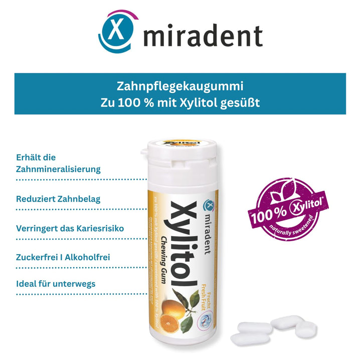miradent Xylitol Zahnpflegekaugummi Fresh Fruit Display 12 St. | fruchtiger Geschmack | zuckerfrei |