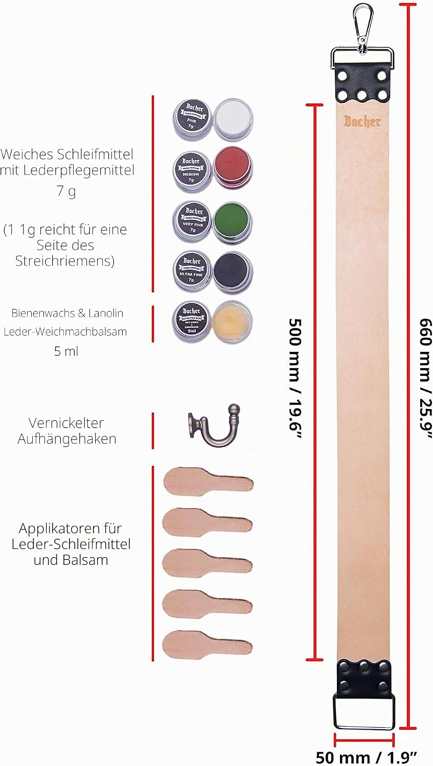 BACHER Premium Leder Streichriemen zum Schärfen von Rasiermesser Set mit Polierpaste für Abziehrieme
