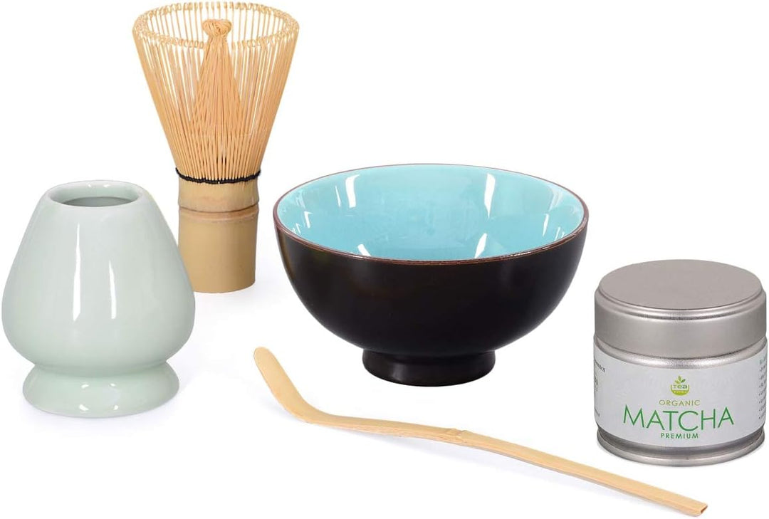 Aricola Matcha Komplett Set 5-teilig, Schale himmelblau, mit Bambuslöffel, Bambusbesen, Besenhalter