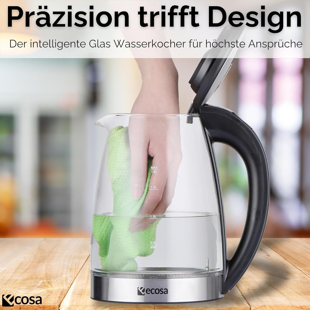 Ecosa® Wasserkocher mit temperatureinstellung Glas Edelstahl - 1,8 Liter 2.200 Watt - BPA Frei mit T