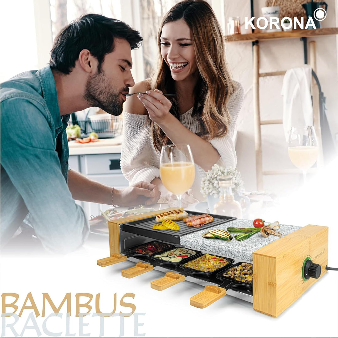 Korona 45090 Raclette Grill für 8 Personen| Hochwertiges Bambus Design | Mit geteilten Grillplatten,
