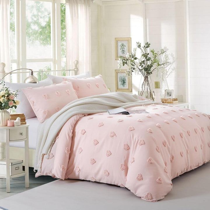 Freyamy Boho Bettwäsche 135x200cm Rosa Getuftet Herz Bettwäsche-Sets Stickerei Shabby Chic Bettwaren