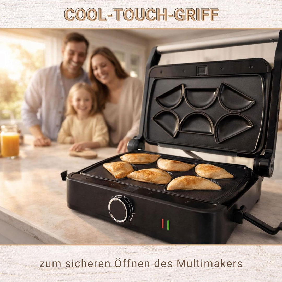 Syntrox Mini Empanada Kombigerät Multifunktionsmaker mit Wechselplatten, Kontaktgrill Edelstahl, Mul