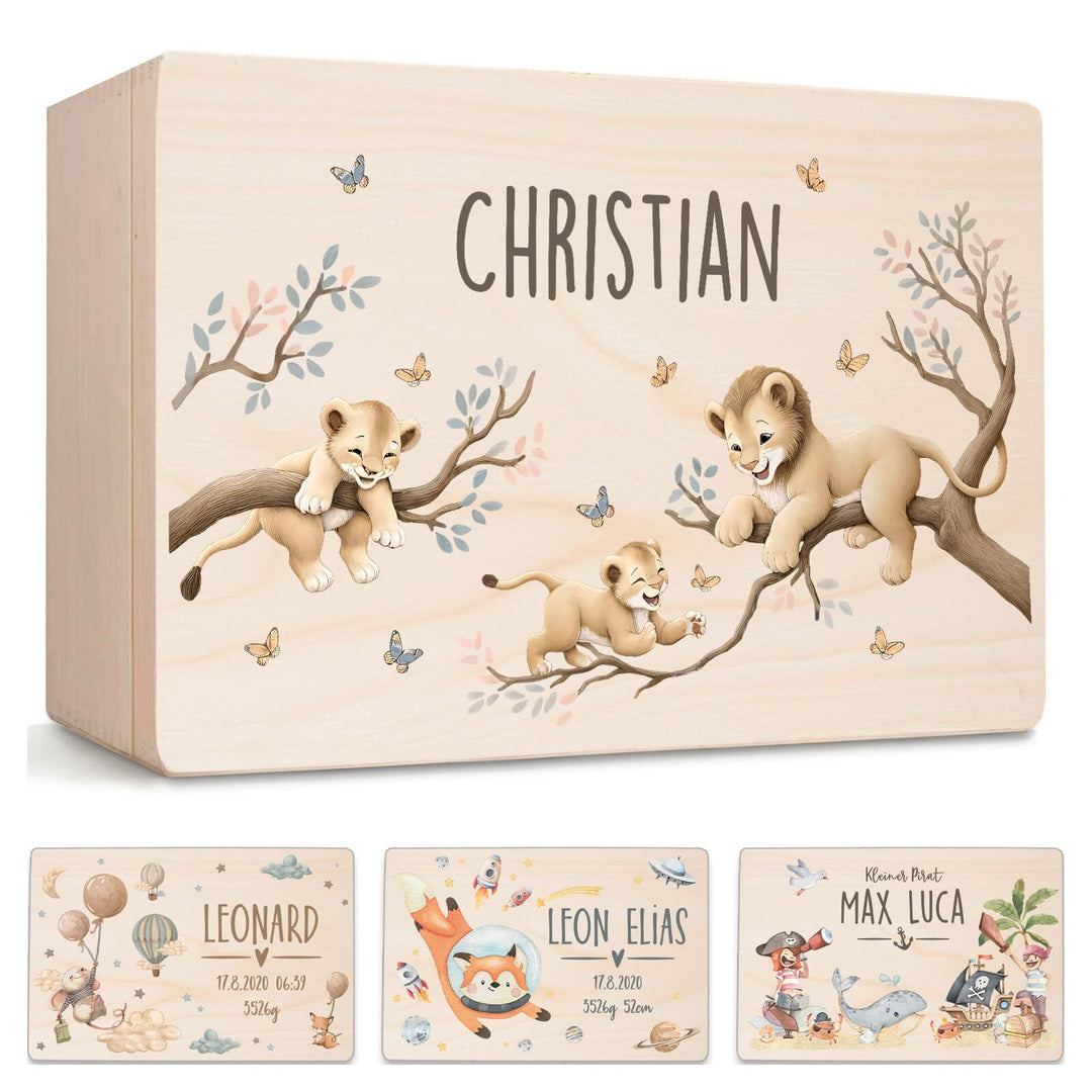 Little Deco Baby Erinnerungsbox personalisiert mit Name Holzkiste Löwen | 40 x 30 x 22 cm | Erinneru