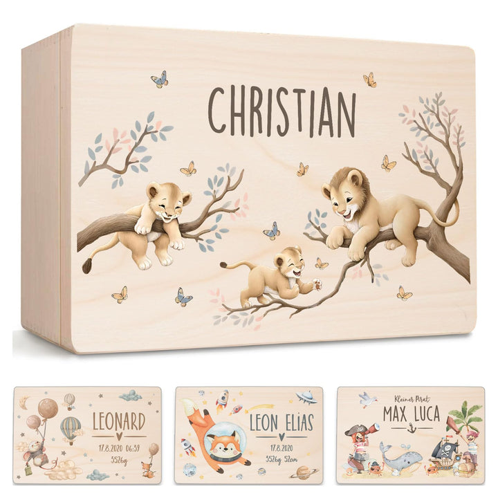 Little Deco Baby Erinnerungsbox personalisiert mit Name Holzkiste Löwen | 40 x 30 x 22 cm | Erinneru