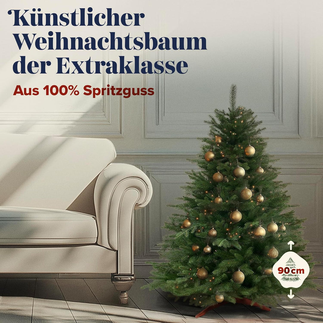 Weihnachtsbaum künstlich 90cm aus 100% Spritzguss - TESTSIEGER - Naturgetreu, dichte Zweige, Künstli