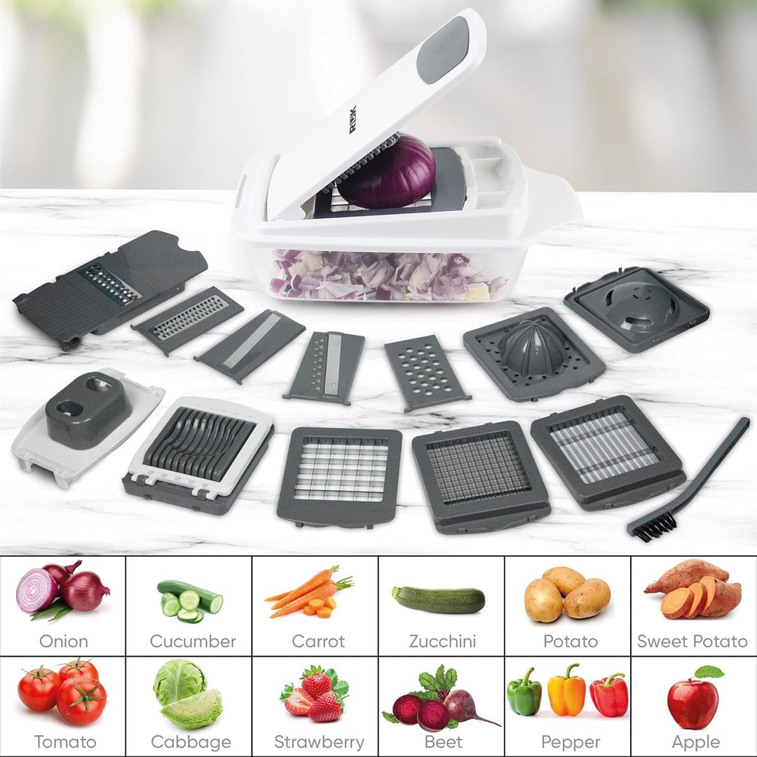 RüK 22-in-1 Gemüseschneider Zwiebelschneider, Mandoline Gemüsehobel, Zerkleinerer, Obstschneider - V