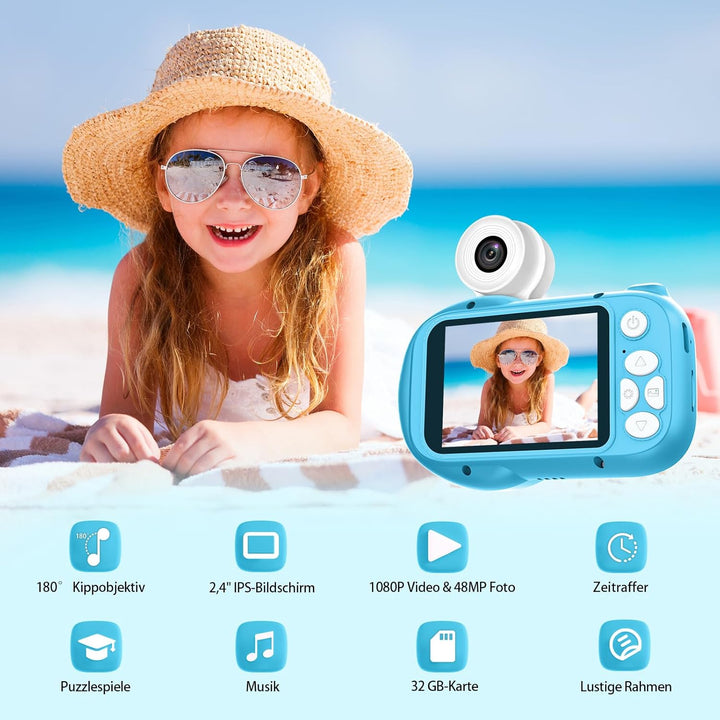 Kinderkamera, Kinder Kamera mit 2,4" Bildschirm &180°Flip-Objektiv, 1080P HD Digitalkamera Kinder mi