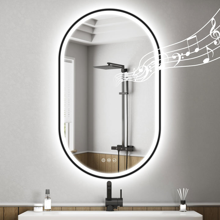 STARLEAD Schwarz Oval-LED-Badspiegel-mit-Beleuchtung 100x60cm, Bluetooth, Dimmbar, 3 Lichtfarben, En