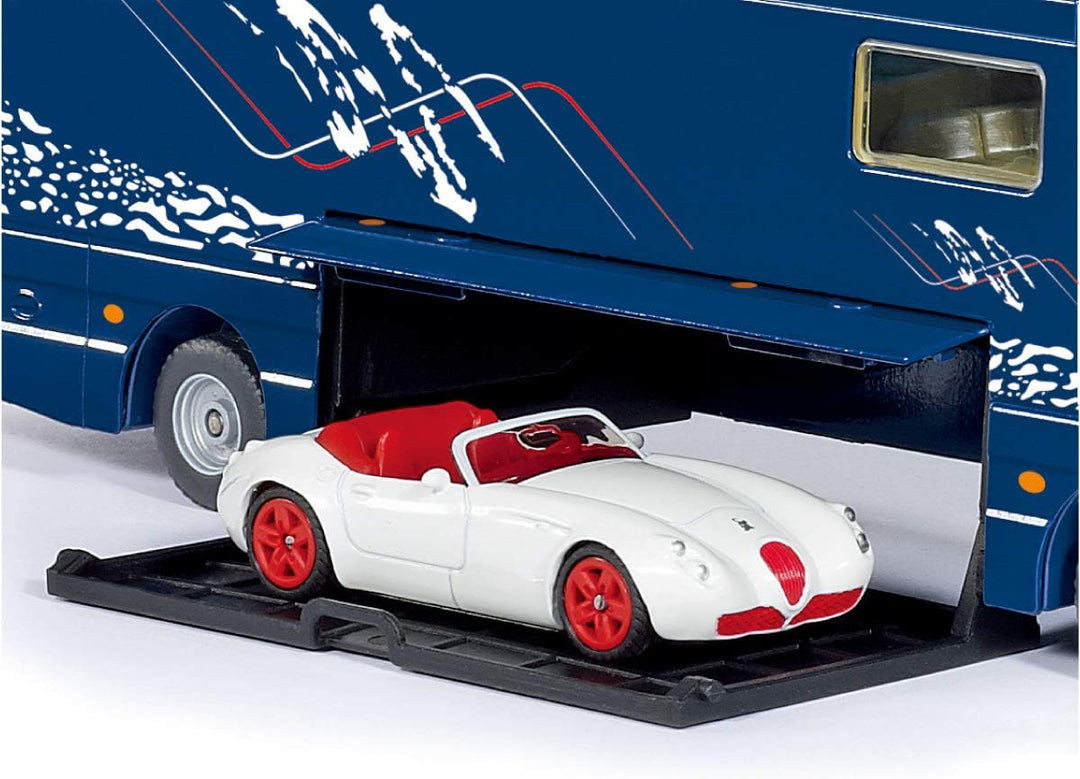 siku 1943, Volkner Wohnmobil, 1:50, Metall/Kunststoff, Blau, Inkl. Spielzeugauto, Bewegliche Teile,