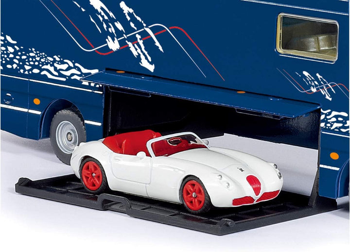 siku 1943, Volkner Wohnmobil, 1:50, Metall/Kunststoff, Blau, Inkl. Spielzeugauto, Bewegliche Teile,