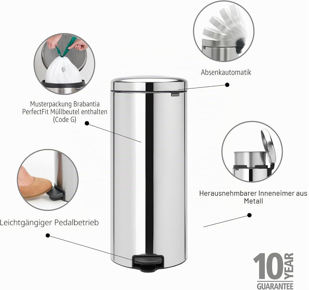 Brabantia Treteimer mit Inneneimer aus Metall, plastik metall, Glänzender Stahl, 30L 30 Liter Brilli