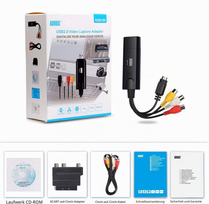USB 2.0 Audio Video Grabber Konverter - August VGB100 - Scart, S-Video, Composite – VHS Hi8 Kassette