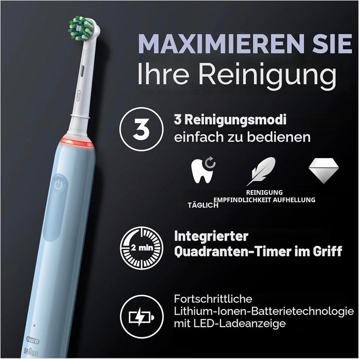 Oral-B PRO 3 3000 Elektrische Zahnbürste/Electric Toothbrush, 2 CrossAction Aufsteckbürsten, mit 3 P